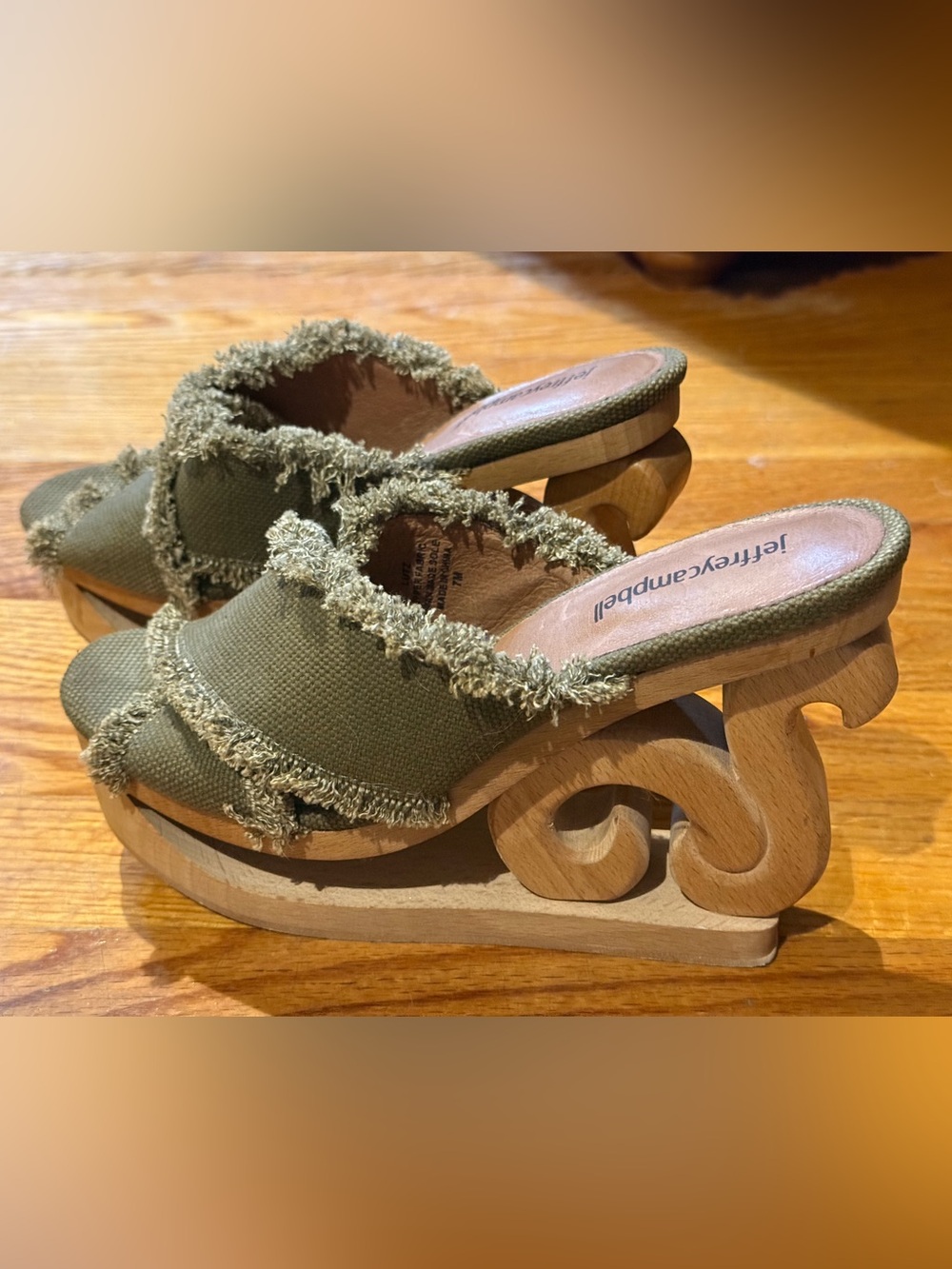 Jeffrey Campbell Lutz Frayed Canvas Slides Carved Wood Spiral Heel Platform
